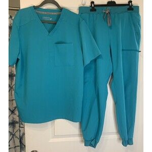 Fabletics Women's Scrub Top and Jogger Set in Teal Blue
